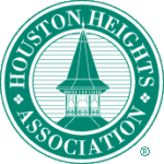 A green and white logo for the houston heights association.